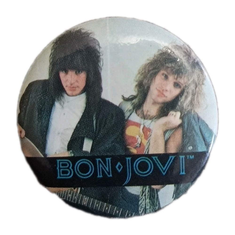 Vintage 1987 Jon BON JOVI Hair Band Button Hat Lapel Pin Pinback Rock Music